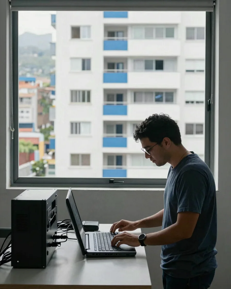 Técnico de telecomunicaciones revisando un equipo de conexión dentro de un edificio residencial en Colombia, luz natural